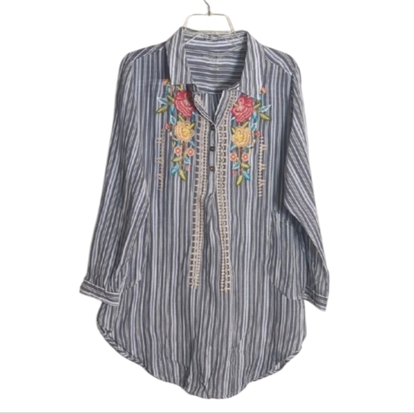 Karyn Seo Tops - Karyn Seo Womens Tunic Top Shirt Handmade Button Down Floral Embroidered Medium